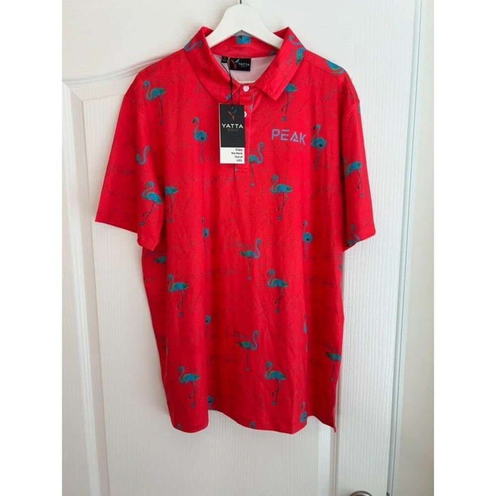 NWT Men Yatta Golf Polo Novelty Flamingo Just Beachy L Romanticized Performance